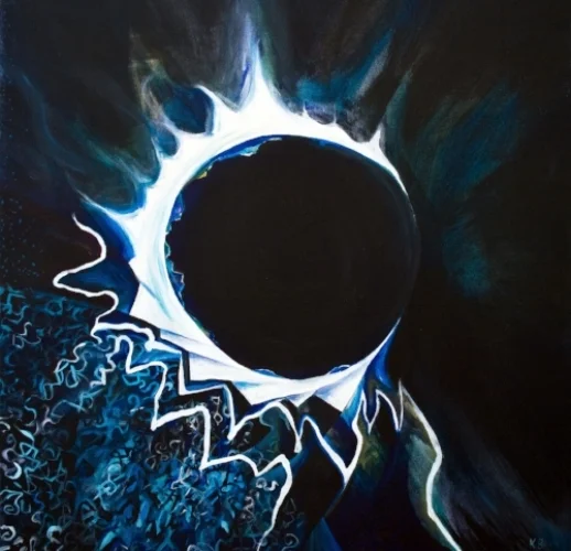 Aura , 24" x 24" acrylic on canvas I painted this to show how my migraine aura would look against a black background.