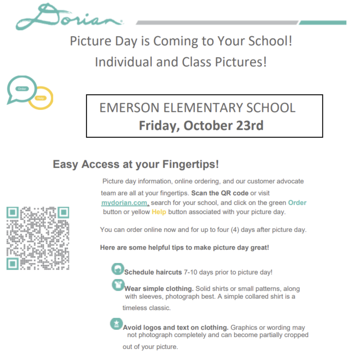 ordering for picture day is easy at mydorian.com with tips for making picture day great - wear simple clothing and avoid logos and text on clothing