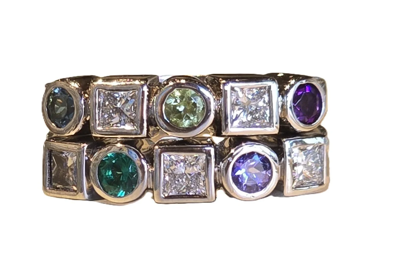 14 karat white gold ring with natural birthstones and princess cut natural diamonds