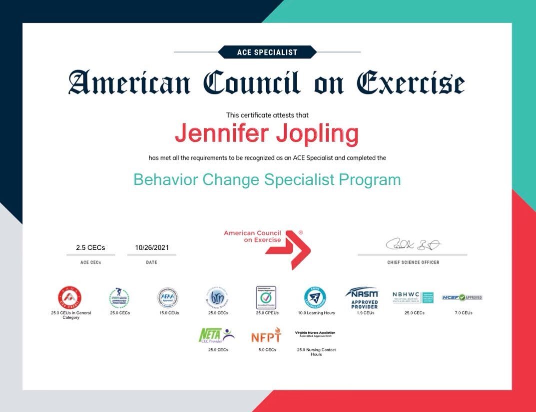 Excited to have completed the @acefitness Behavior Change certification. Lots of good stuff to add to the toolbox to help clients make lasting and sustainable changes. Whether your goal is to lose weight, move more, stop smoking or just improve your 