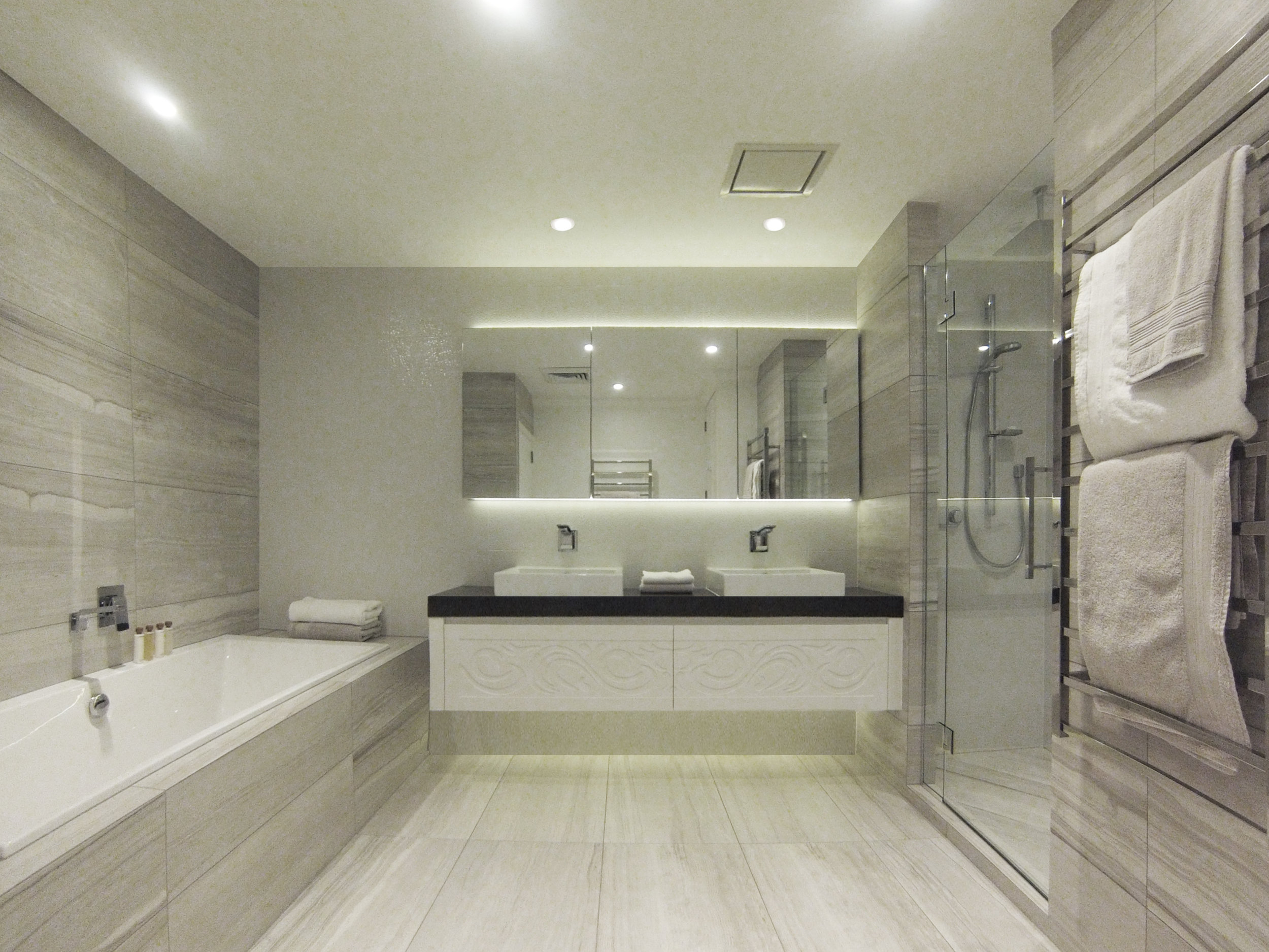 BATHROOM RENOVATION   Features: Custom Designed Double Sink and Large Walk In Shower