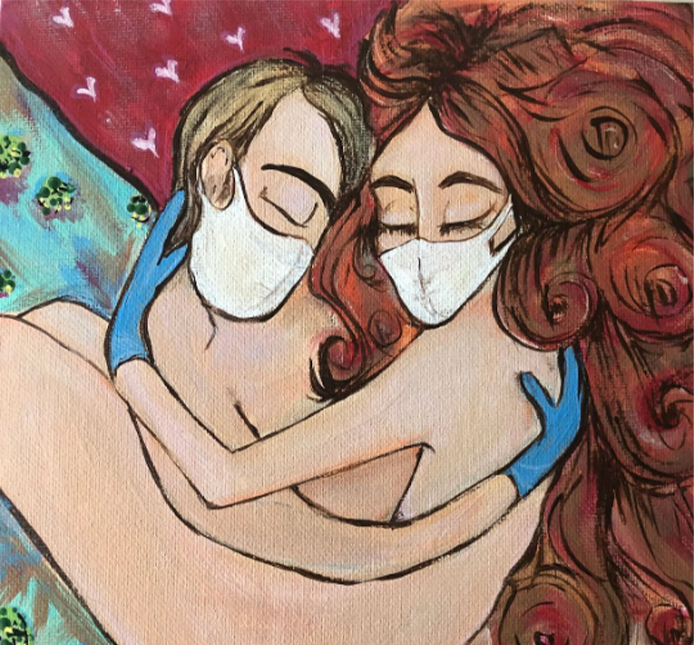 "Hold Me"  CHERYL L. ZEMKE, 56, RIVERVIEW, MICH.  Acrílico  “Considerando a vida com a covid-19 e o futuro [de] usar máscaras e luvas quando expostos a outras pessoas me levou a considerar as restrições. [Estou pensando em] uma intimidade e nossa necessidade inata de contato pessoal com outras pessoas.”