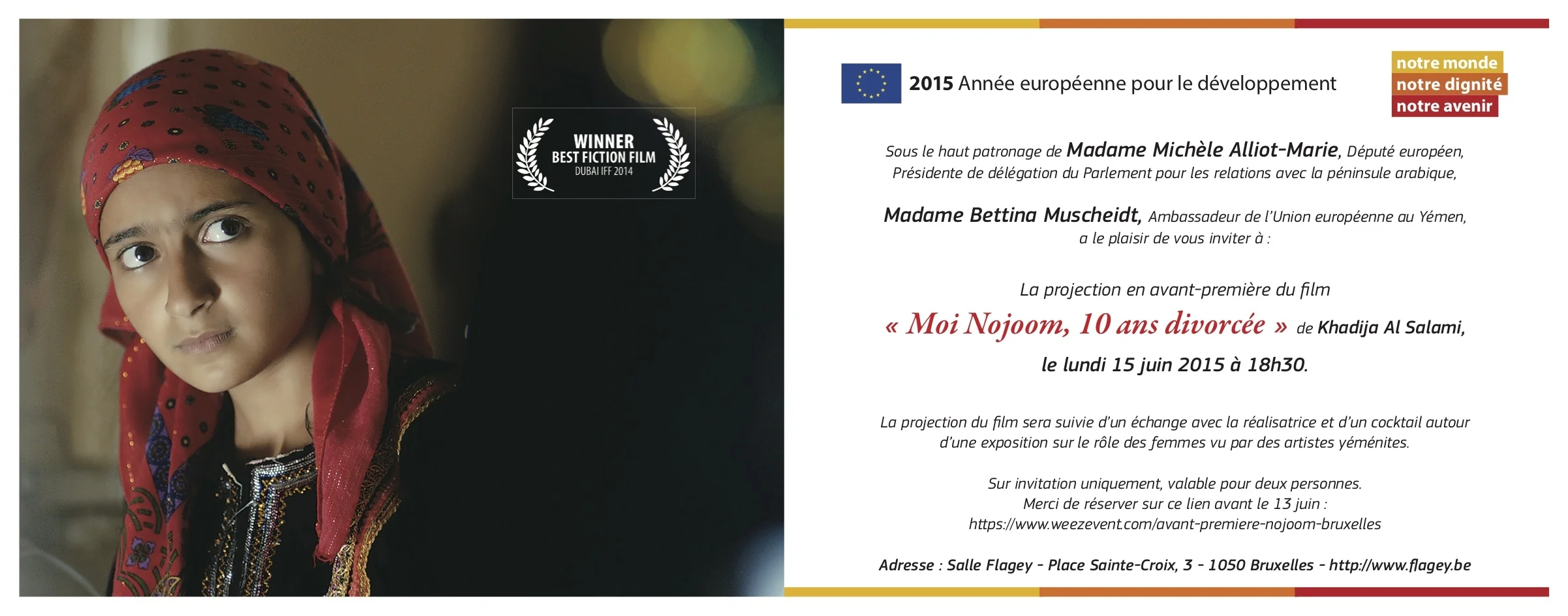 After at screening of I am Nojoom, Age 10 and Divorced, which was the Winner of Dubai Film Festival in 2014 , YCIHA’s Director Sama’a Al-Hamdani spoke alongside Yemeni filmmaker Khadija Al-Salami , at the Studio 4 of the Salle Flagey in Ixelles, Belgium. As a cast member of the film, Al-Hamdani spoke on Child Marriages and the cultural effects of this regressive phenomenon.