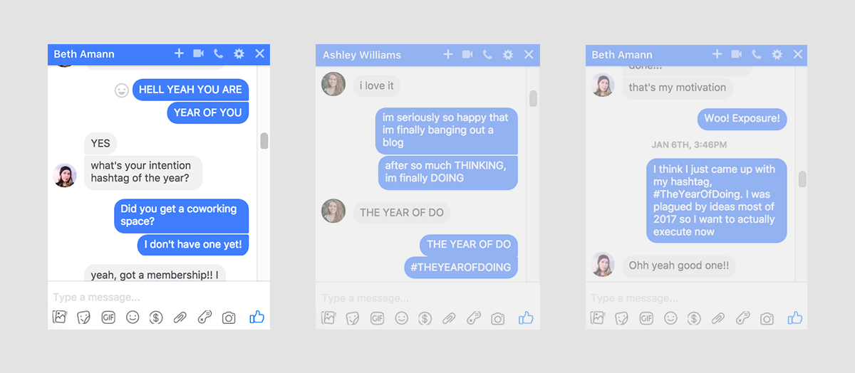 Image shows: Messages between me, my cousin and my sister where we came up with the hashtag #TheYearOfDoing 