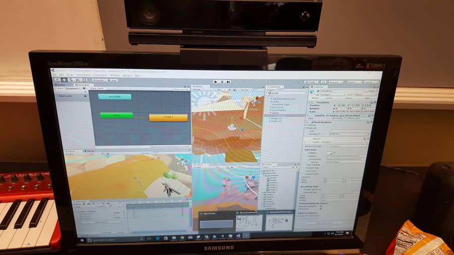 The Vox Augmento VR experience relies on two software systems working in coordination. 1. Unity powers the visuals and interactions such as painting lines or colliding with lines. 2. Max powers the audio engine, recording vocal samples, playing them back, and applying effects based on controller data sent from Unity.