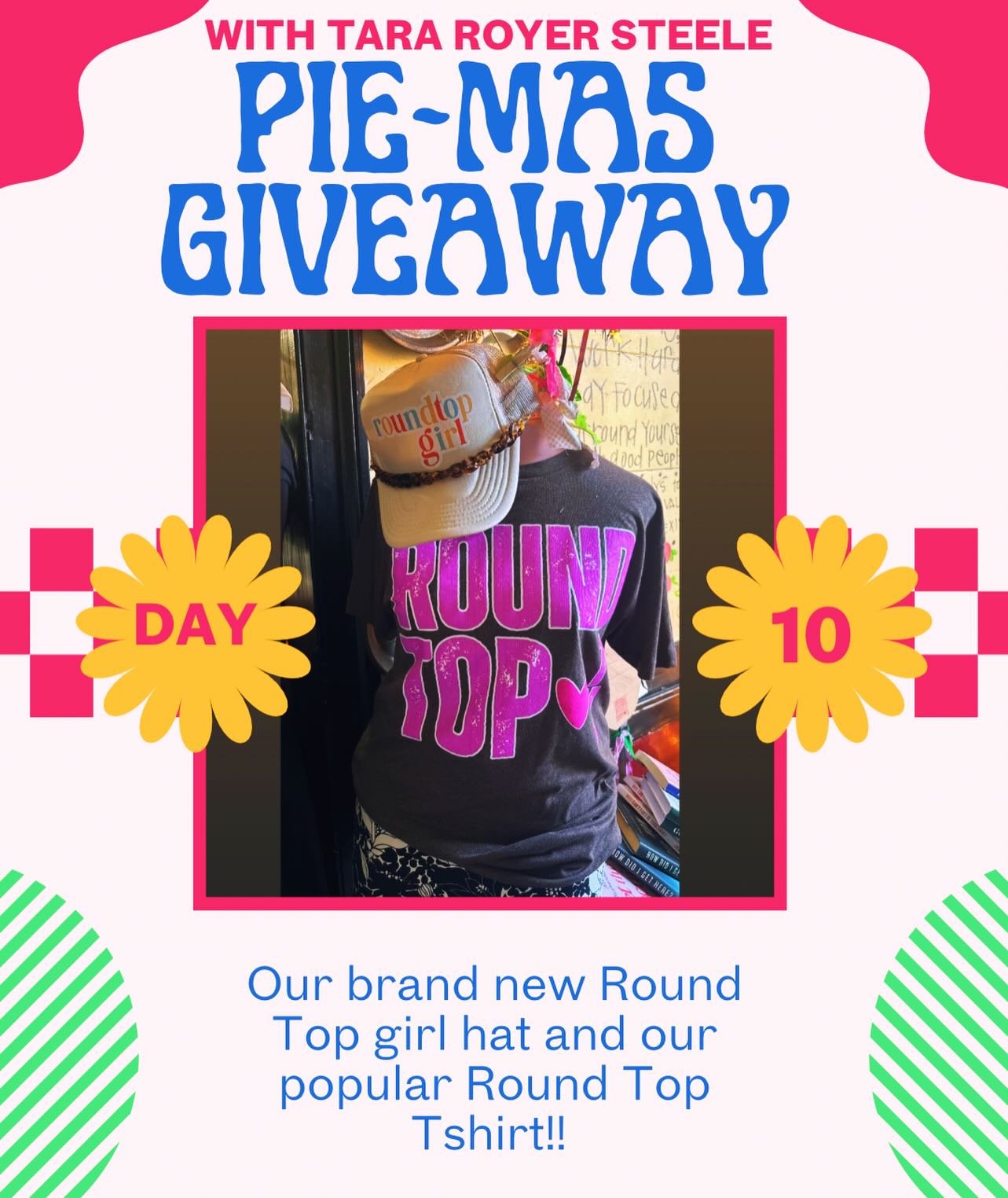 💄🎉 PIE-MAS GIVEAWAY &bull; DAY 10! 🎉💄

Today&rsquo;s gift is a little dose of Round Top charm our brand new Round Top Girl hat paired with our ever-popular Round Top tee. Stylish, comfortable, and just the right amount of small-town chic. ✨💖

It