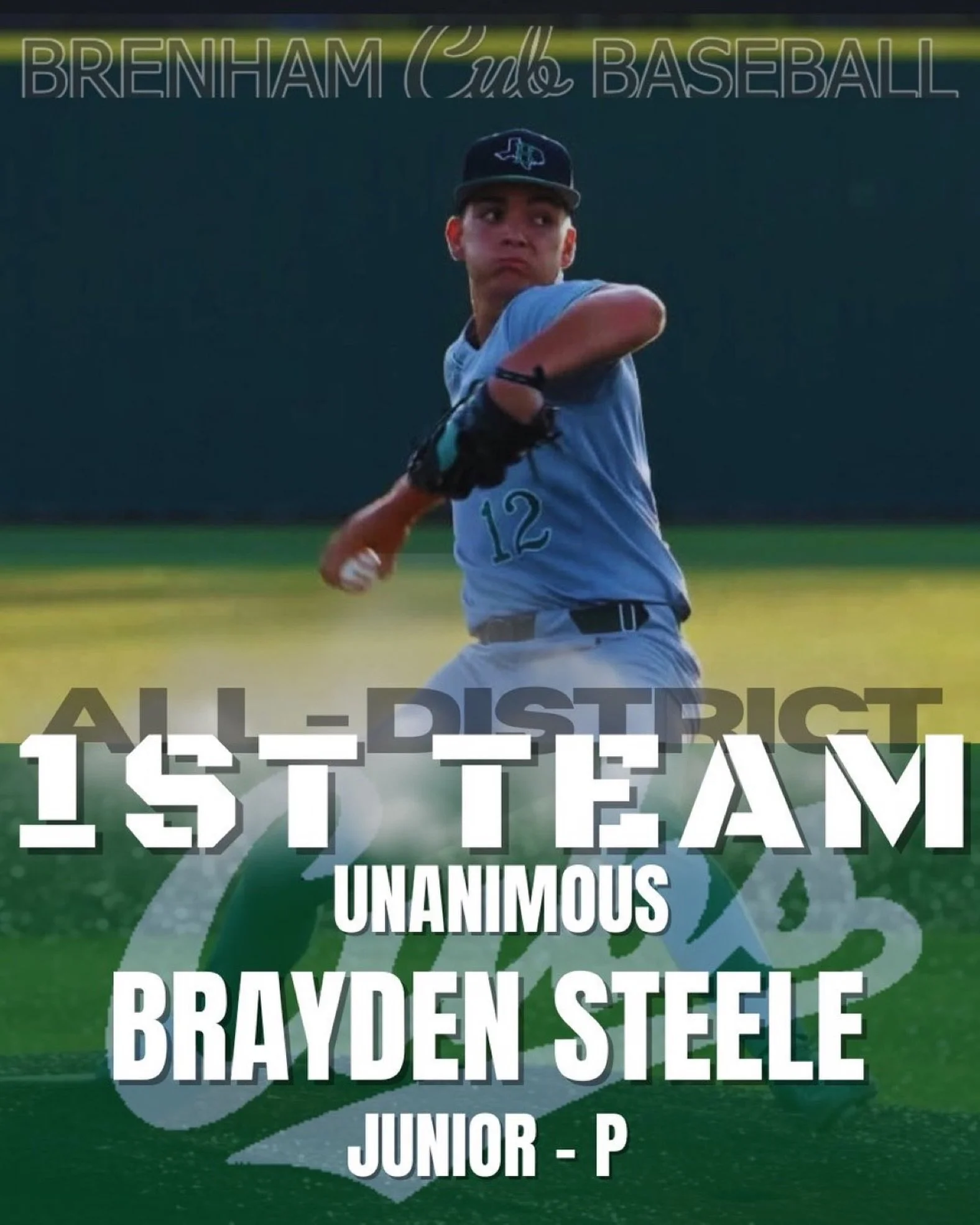His hard work, determination, and perseverance are paying off.  What a joy to watch your kids walk in their giftings!!!!

Congratulations, B, on 1st TEAM All District &ldquo;Unanimous Pitcher.&rdquo; 
 @b_steele12 @brenhamcubbaseball 

#pitcher #notc