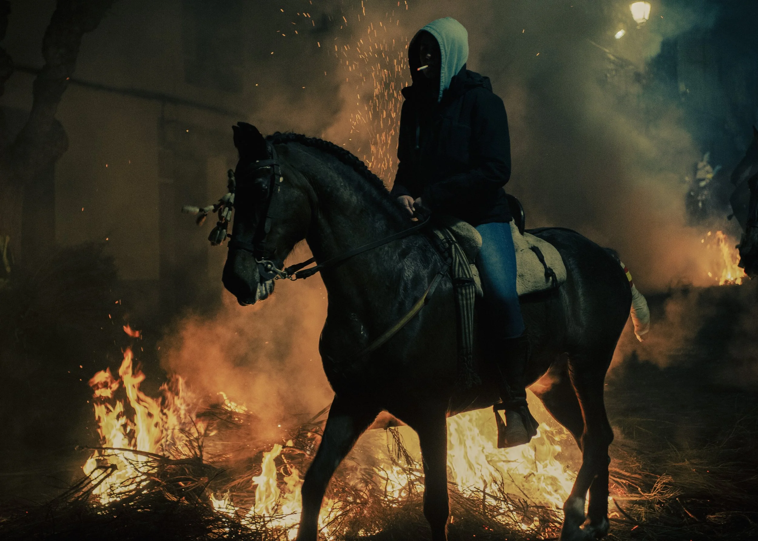 Las Luminarias, San Bartolomé de Pinares, Spain, January 16 2026. Purification of horses, ritual honouring st Antony the Abbot. Horses are prepared by their riders to safely leap through bonfires, a tradition meant to purify and protect them.