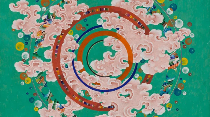 Pema Rinzin, Wheel of Time and Space, 2014. Ground mineral pigments, gold, on wood 20 x 24 in. Image courtesy of Joshua Liner Gallery