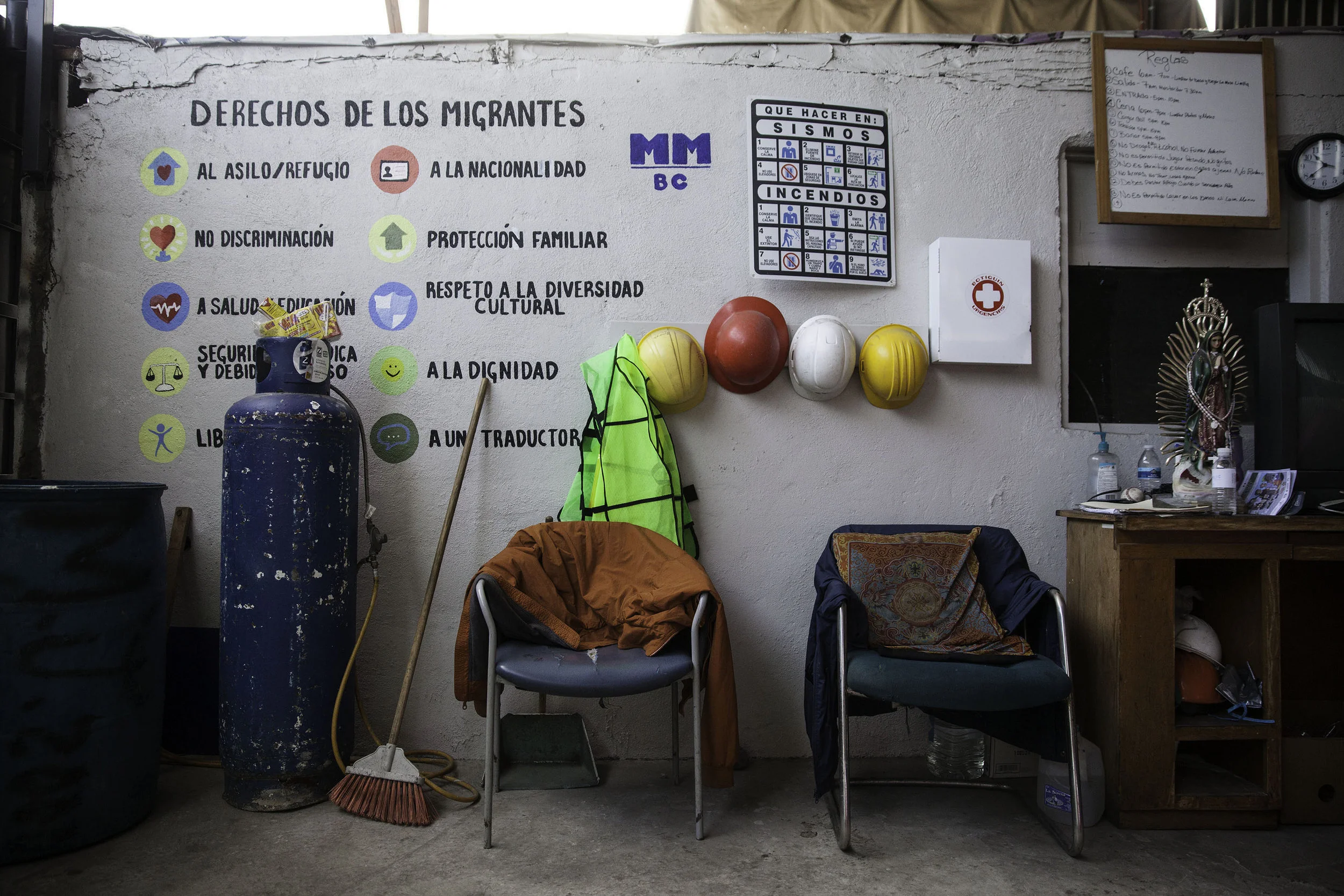Rights for Migrants are written on the wall of Juventud 2000 Shelter in Tijuana, MX.
