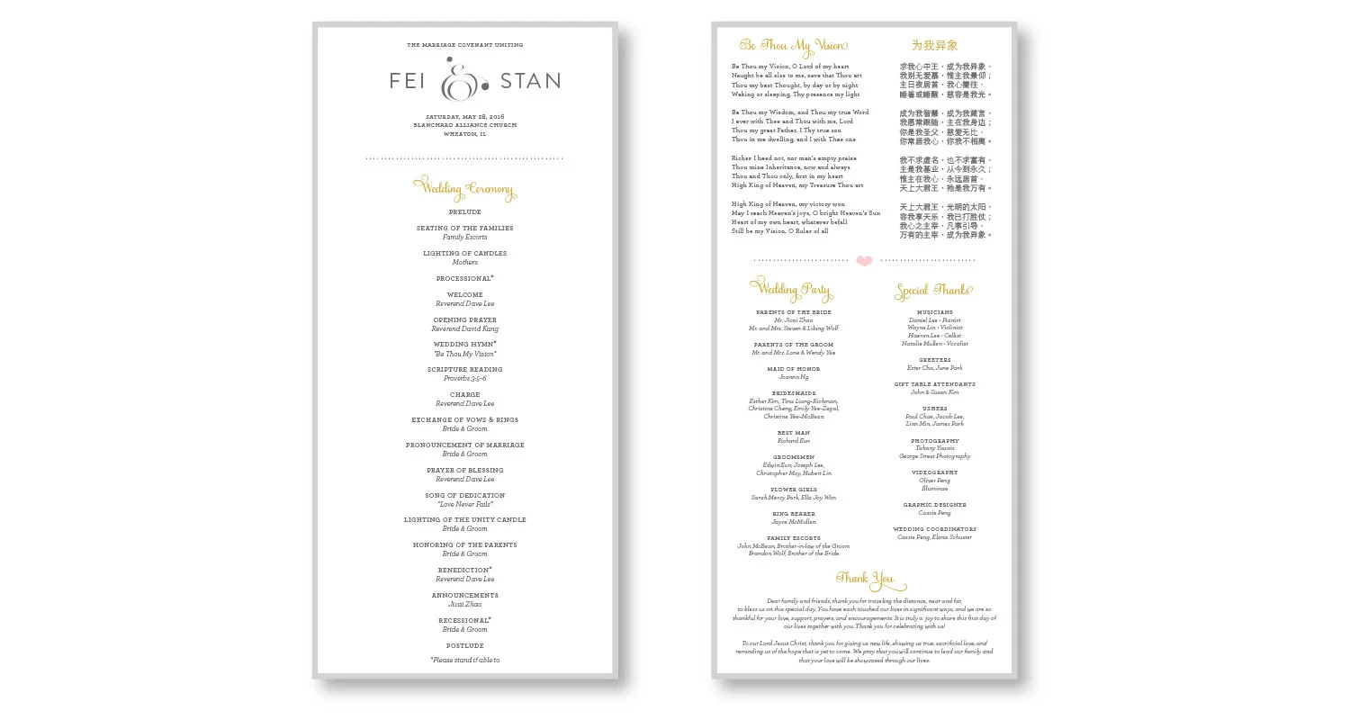  A fancy ampersand and a script typeface bring a touch of elegance to the piece without overwhelming it. To complement and balance them, a serif typeface was chosen for the main text and gives it a classic feel. I used a base of gray as a neutral wit