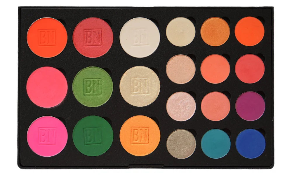 12 small/9 large well palette from Coastal Scents 1st column (blushes): Blood Orange , Pink , Pink Pop 2nd column: Persimmon , Chartreuse , Shamrock 3rd column: Vanilla , Iced Gold , Tangerine 4th column: Blowfish , I'm Peachless , Liar Liar , Bashful 5th column: Chauffeur , Summer Lovin , Heavy Glam , Formation 6th coloumn: Bratty , Making Moves , 143 , Backstage