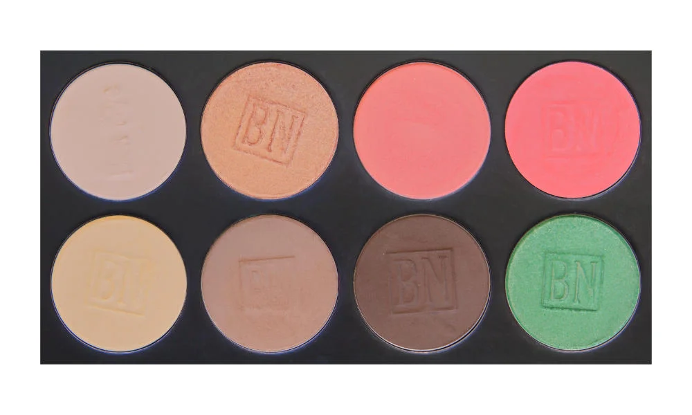 8 large well palette from Ben Nye Top row: Shell , Golden Apricot , Suburbia , Strawberry (blush) Bottom row: Banana , Taupe , Mink Stole , Mermaid Green
