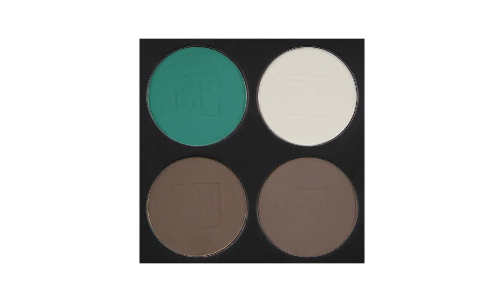 4 well palette from Ben Nye , similar palette also available from Makeup Mania Top row: Caribbean , White (BW) Bottom row: Smokey Taupe , Cobblestone