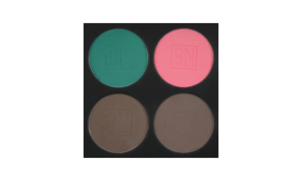 4 well palette from Ben Nye , similar palette also available from Makeup Mania Top row: Caribbean , Pink Bliss (blush) Bottom row: Smokey Taupe , Cobblestone