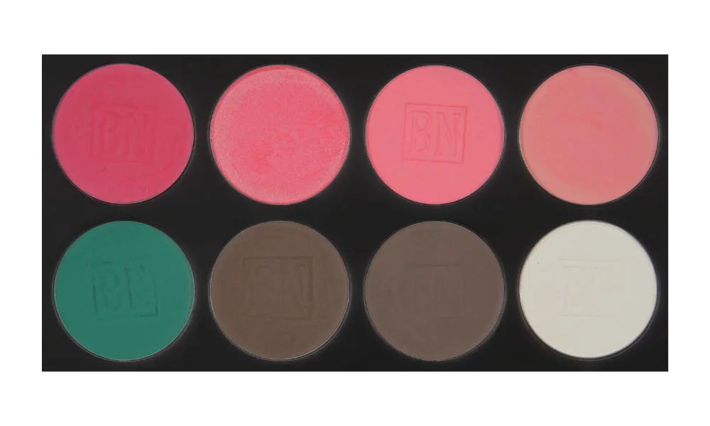 8 large well palette from Ben Nye Top row (blushes): Misty Pink , Coral Spice , Pink Bliss , Scarlet Bottom row: Caribbean , Smokey Taupe , Cobblestone , White (BW)