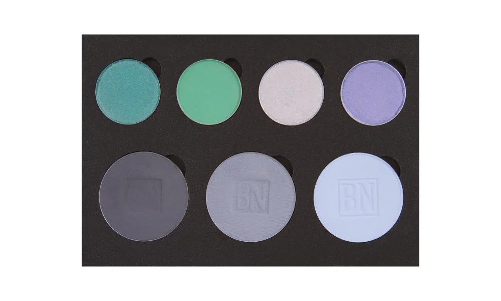 4 small/3 large well palette from Coastal Scents Top row: Tiny Tangerines , Dragonfly , Beam Me Up , Chit Chat Bottom row: Greystone , Blue Grey , Cinderella Blue