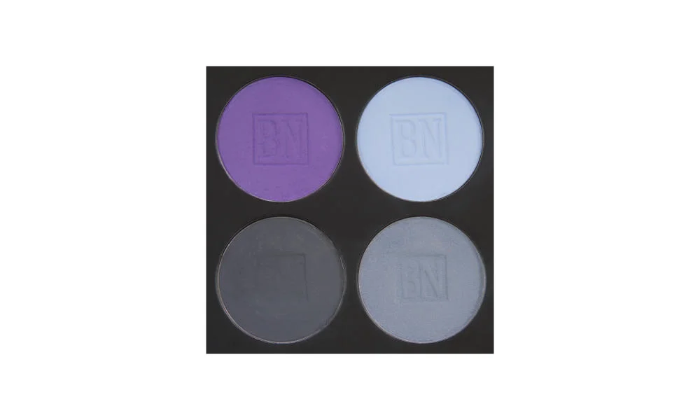 4 well palette from Ben Nye , similar palette also available from Makeup Mania Top row: Royal Purple , Cinderella Blue Bottom row: Greystone , Blue Grey