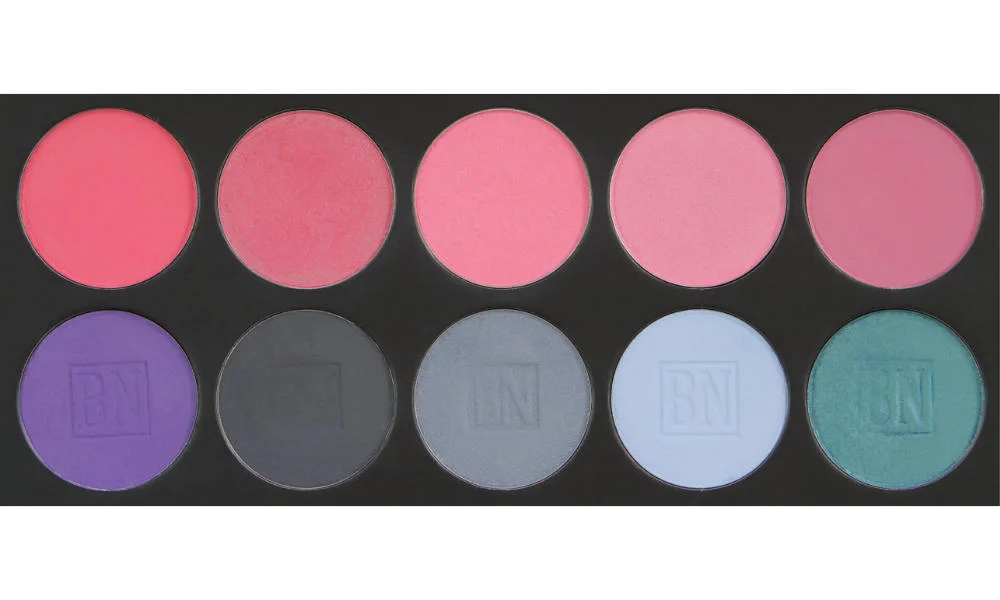 8 large well palette from Ben Nye Top row (blushes): Indian Rose , Lilac Lace , Stormy Rose , Satin Rose , Precious Plum Bottom row: Royal Purple , Greystone , Blue Grey , Cinderella Blue , Peacock