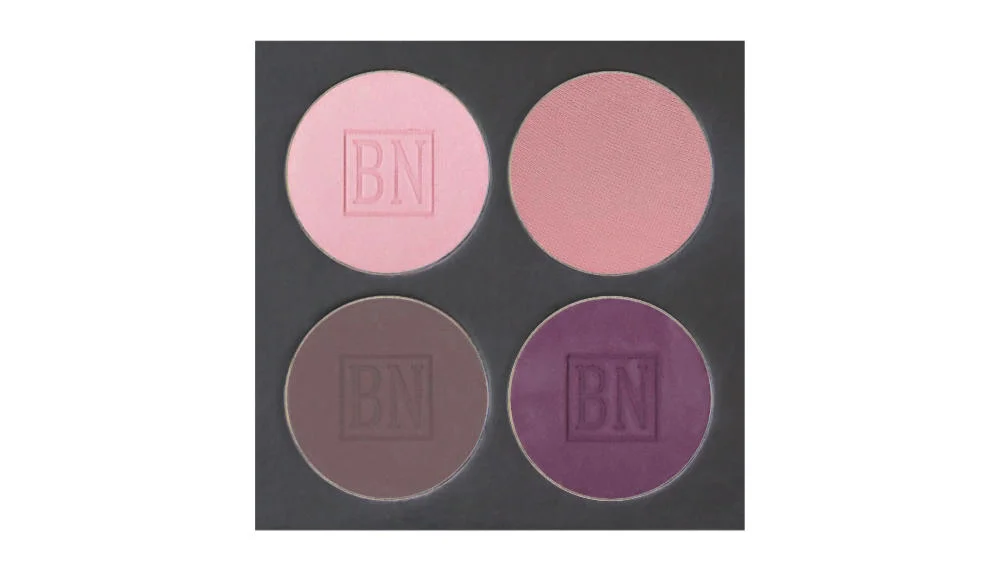 4 well palette from Ben Nye , similar palette also available from Makeup Mania Top row: Misty Lilac , Misty Plum (blush) Bottom row: Lavender Dusk , Deep Violet