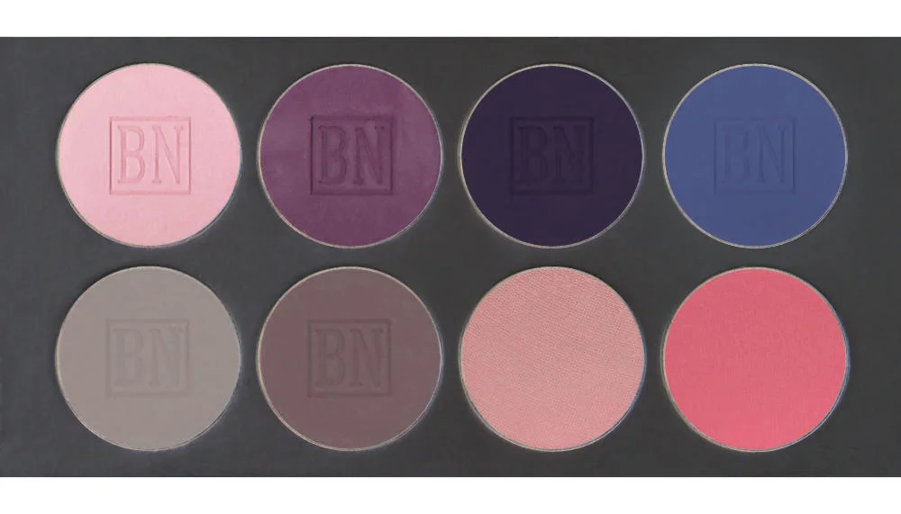 8 large well palette from Ben Nye Top row: Misty Lilac , Deep Violet , Indigo , Denim Bottom row: Lilac Grey , Lavender Dusk , Tea Rose (blush), Mauve (blush)