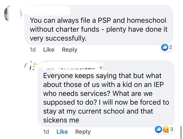 Not my comment, but my stomach has been in knots. This is the reality. While SB98 has a positive impact on brick and mortar k-12 schools, it is the schools that parents are turning to in droves during the pandemic that will suffer. Parents choose cha