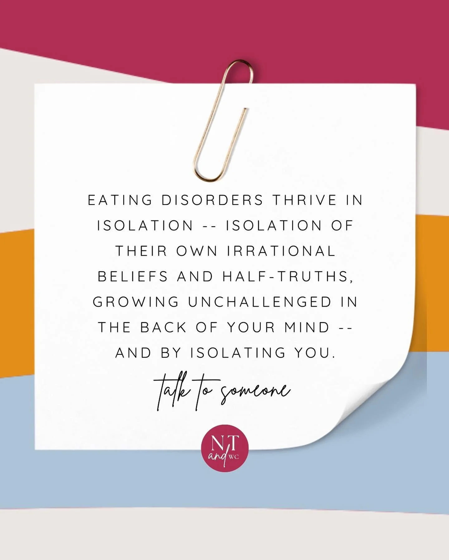 Even if you haven&rsquo;t been diagnosed or don&rsquo;t think you *qualify* for an eating disorder or you feel *better* alone or you don&rsquo;t think anyone will understand, it is SO important to stay connected to others. Talk to a friend, a sibling