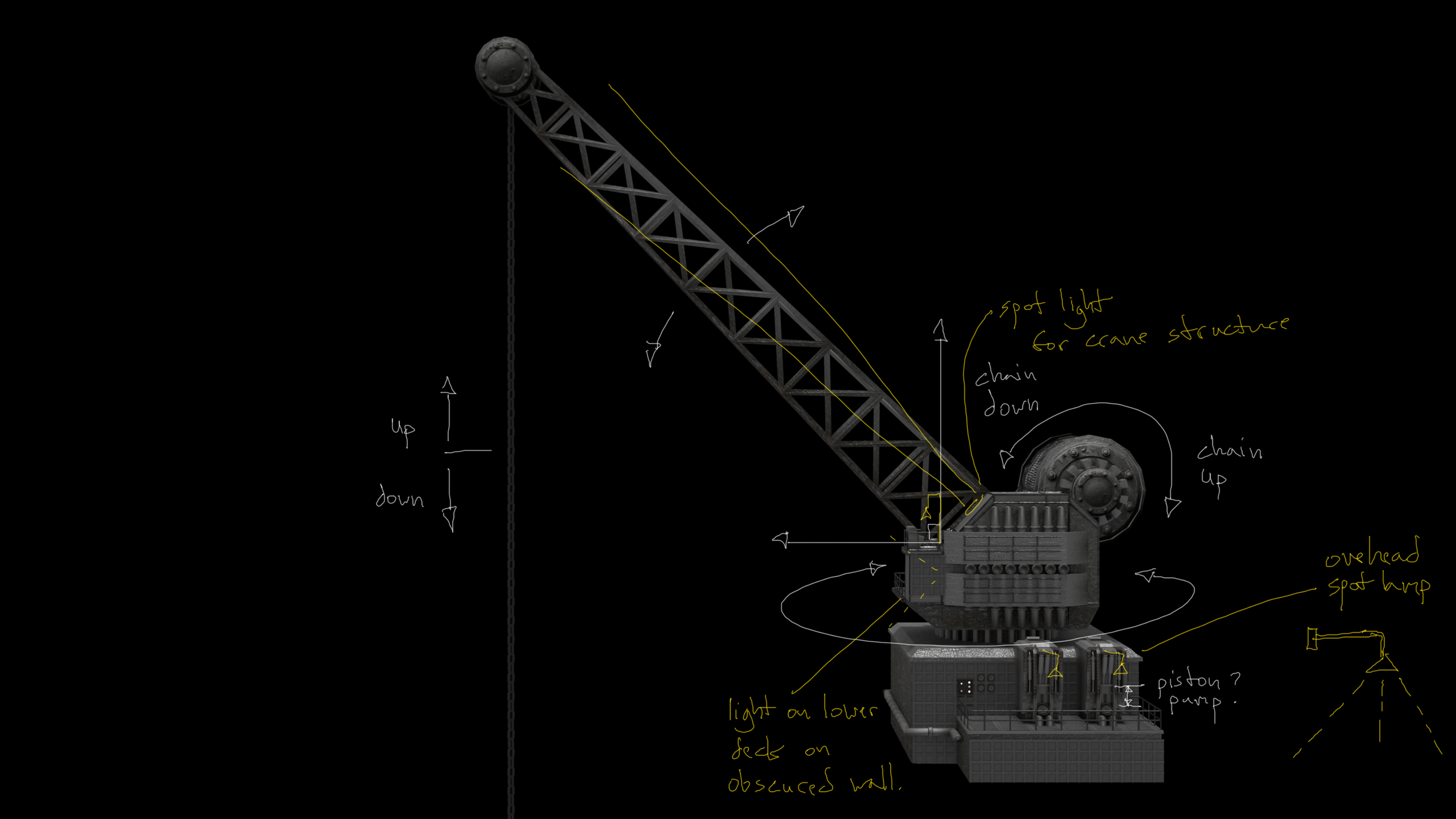 Reference notes from Cobalt on how the underground crane structure could be animated