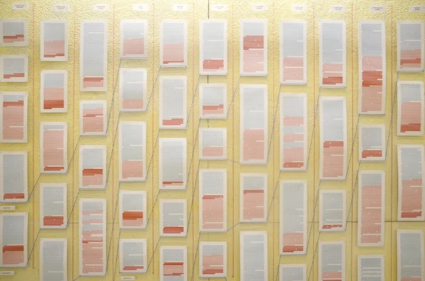 Berny Tan, “… the invisible reasons which make cities live…” , 2018, digital print on paper, pins, pearl cotton thread, yarn, stickers, dimensions variable. Installation view at I_S_L_A_N_D_S .