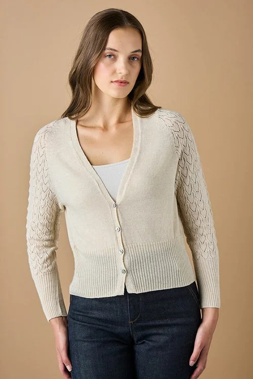 Antique (white) colour variant of the uimi knitwear Kitty Cardigan made from Merino Wool