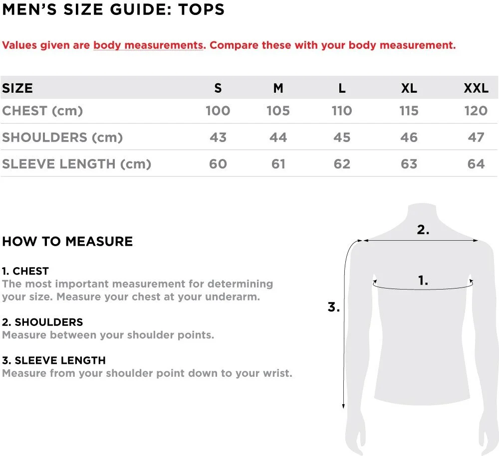 Toorallie men’s garment size guide.