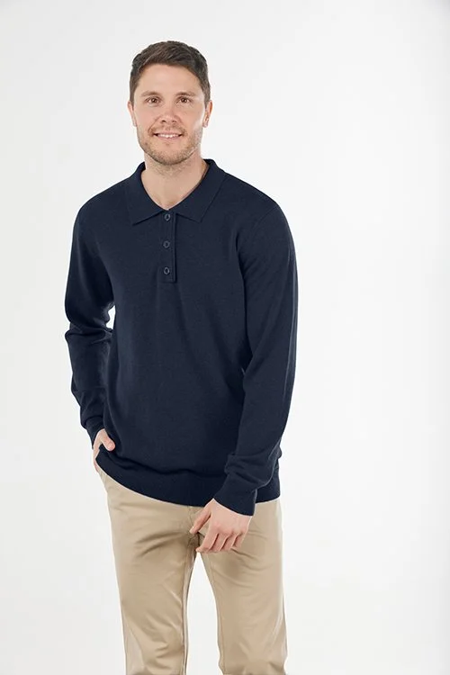 Bridge & Lord — 3 Button Polo Pullover (Wool and Cashmere) Navy