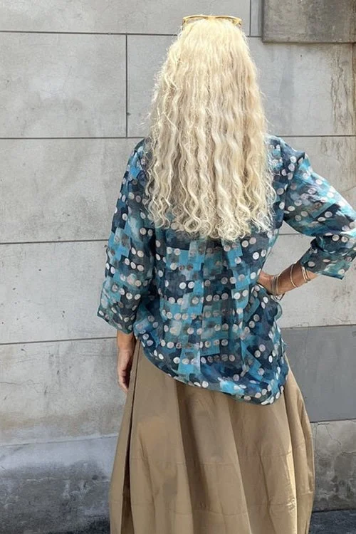 Back view of the Blue Spot and Square pattern in the Ramie Maria top. Made in Australia by Jiva.