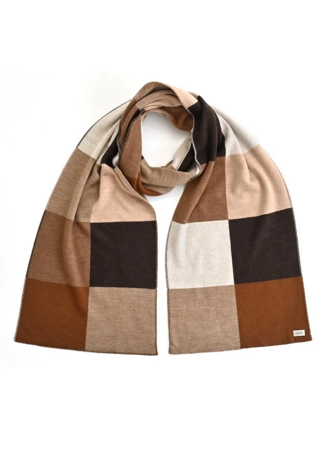 Chocolate brown colourway variant in the  block design Frankie scarf from uimi knitwear.