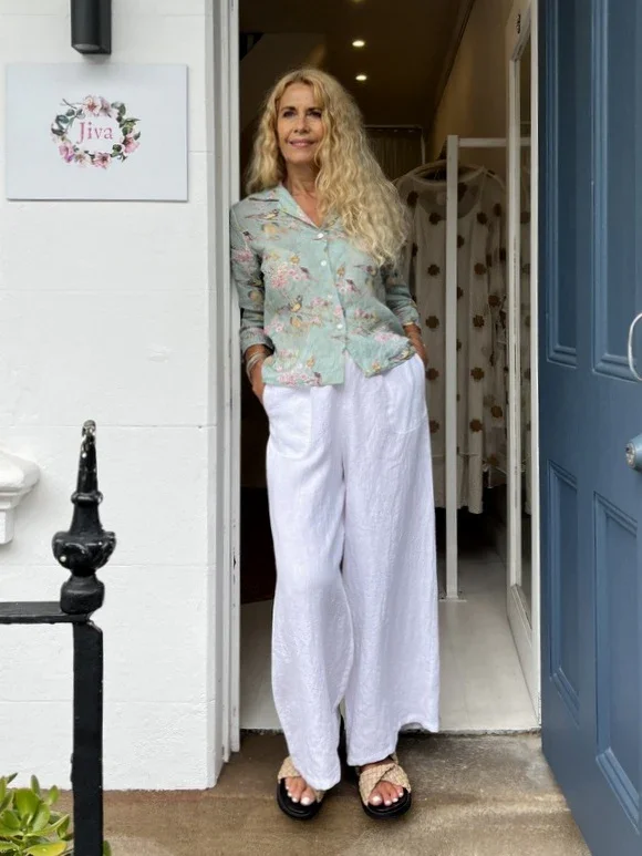 The Song Bird pattern variant of the Jiva Fitted Shirt made from Ramie.