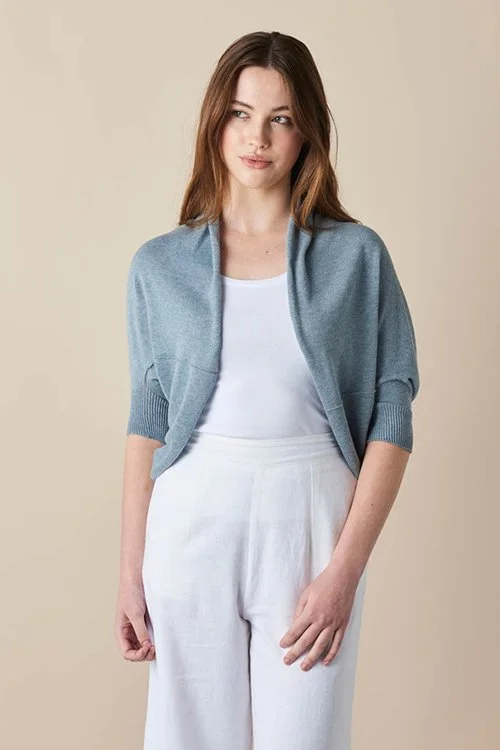 Chambray (light blue) colour variant in the uimi knitwear — Clara Jersey Shrug made from Egyptian Cotton and Cashmere)