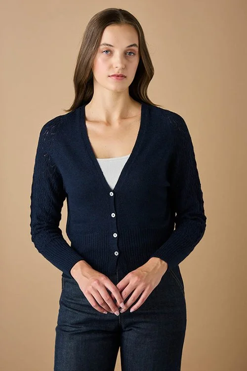 ink (dark blue) colour variant of the uimi knitwear Kitty Cardigan made from Merino Wool)