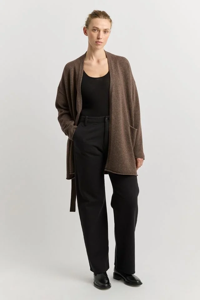 Woman wearing the Mocha brown colour variant of the Toorallie | Relaxed Knit Cardigan  made from 100% Merino lambswool