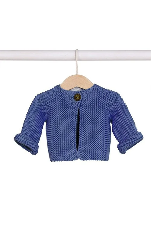 Denim blue colour variant in the DLUX — Elf Baby Cardigan knitted from cotton