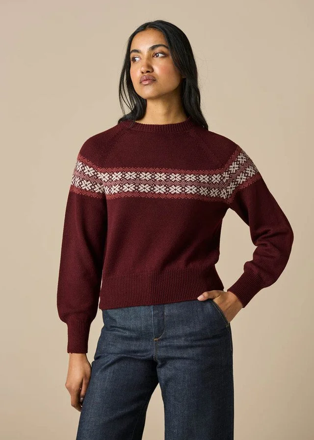 Merlot (dark red) colour variant in the Heidi Fairisle Jumper from uimi knitwear