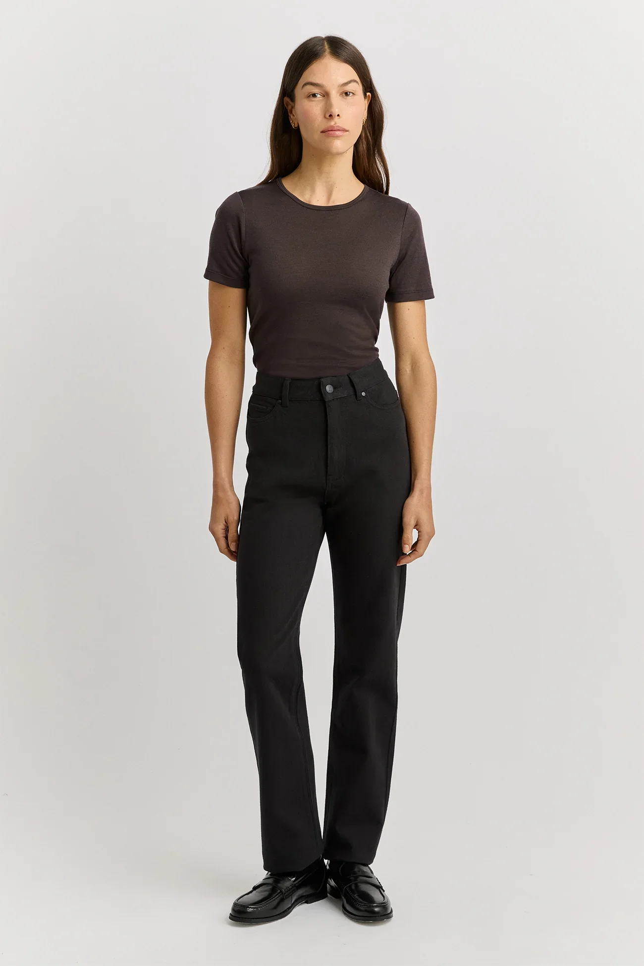 Woman wearing the black colour variant of Torallie wool denim jeans