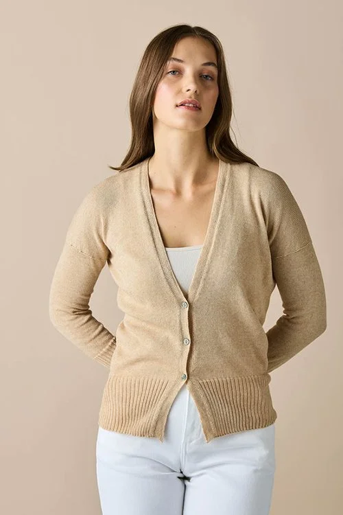 Sesame (light beige) colour variant in the uimi knitwear Edith Cardigan made from Egyptian Cotton