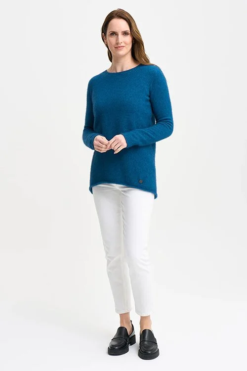 Aegean blue colour variant in the Merinomink Essential Sweater made from Merino Wool, Possum Fur, Silk