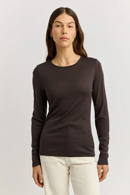 Woman wearing the Toorallie — Merino Wool Crew Tee - Date (brown) colour variant