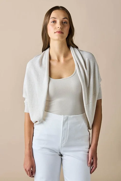 Chalk (off white) colour variant in the uimi knitwear — Clara Jersey Shrug made from Egyptian Cotton and Cashmere)