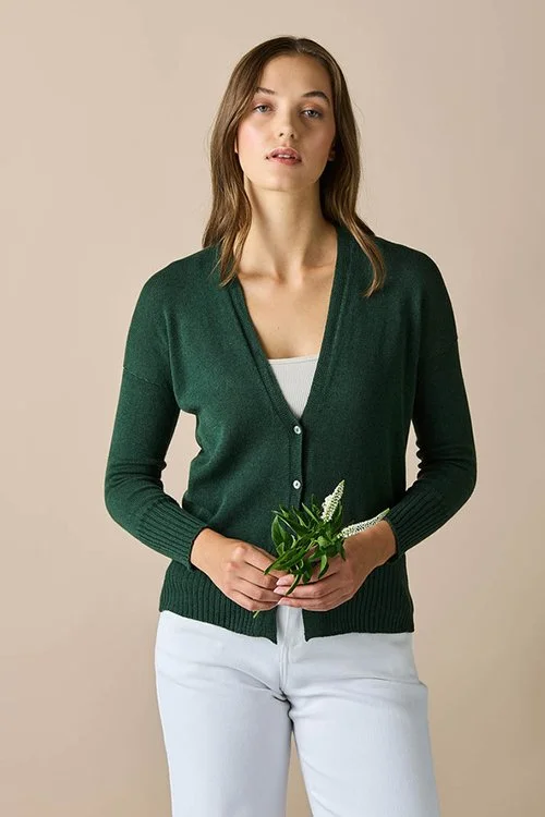 Basil (dark green) colour variant in the uimi knitwear Edith Cardigan made from Egyptian Cotton