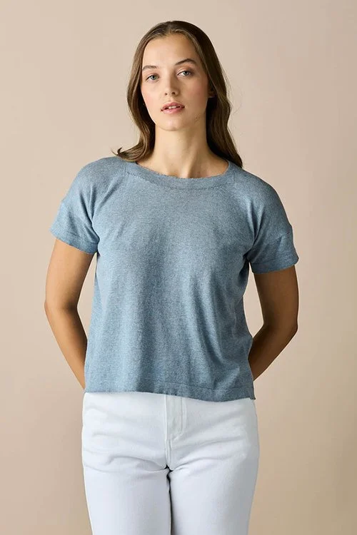 Chambray (light-blue) colour variant, uimi knitwear Alina Tee Shirt made from Egyptian cotton