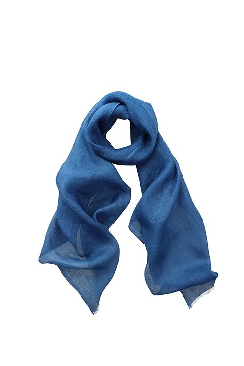 Indigo blue colour variant of the linen scarf by DLUX