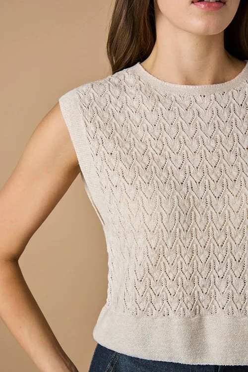 Closeup of the antique white colour variant of the uimi knitwear Kitty vest made from Merino Wool