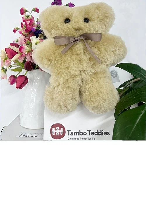 Honey colour variant of the Tambo Teddies Puffy Bickie Bear made from 100% Wool / Sheepskin